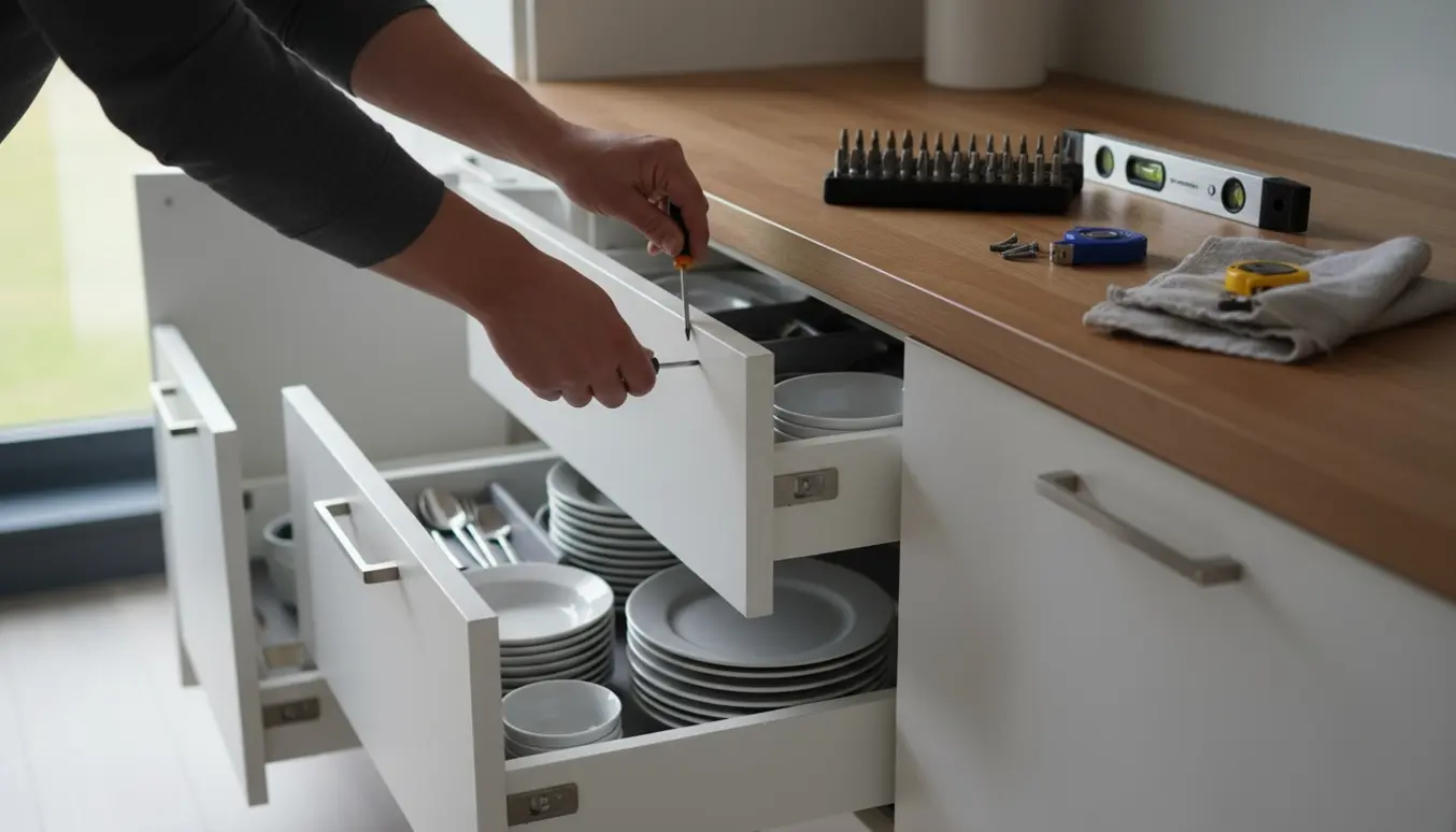Hænder justerer køkkenskuffe og låge med skruetrækker i et lyst, moderne køkken.