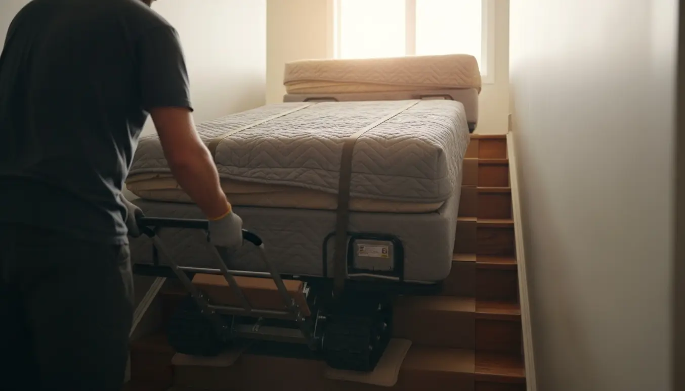 To tunge elevationssenge pakket i flyttetæpper sænkes forsigtigt ned ad en trappe til kælderen.