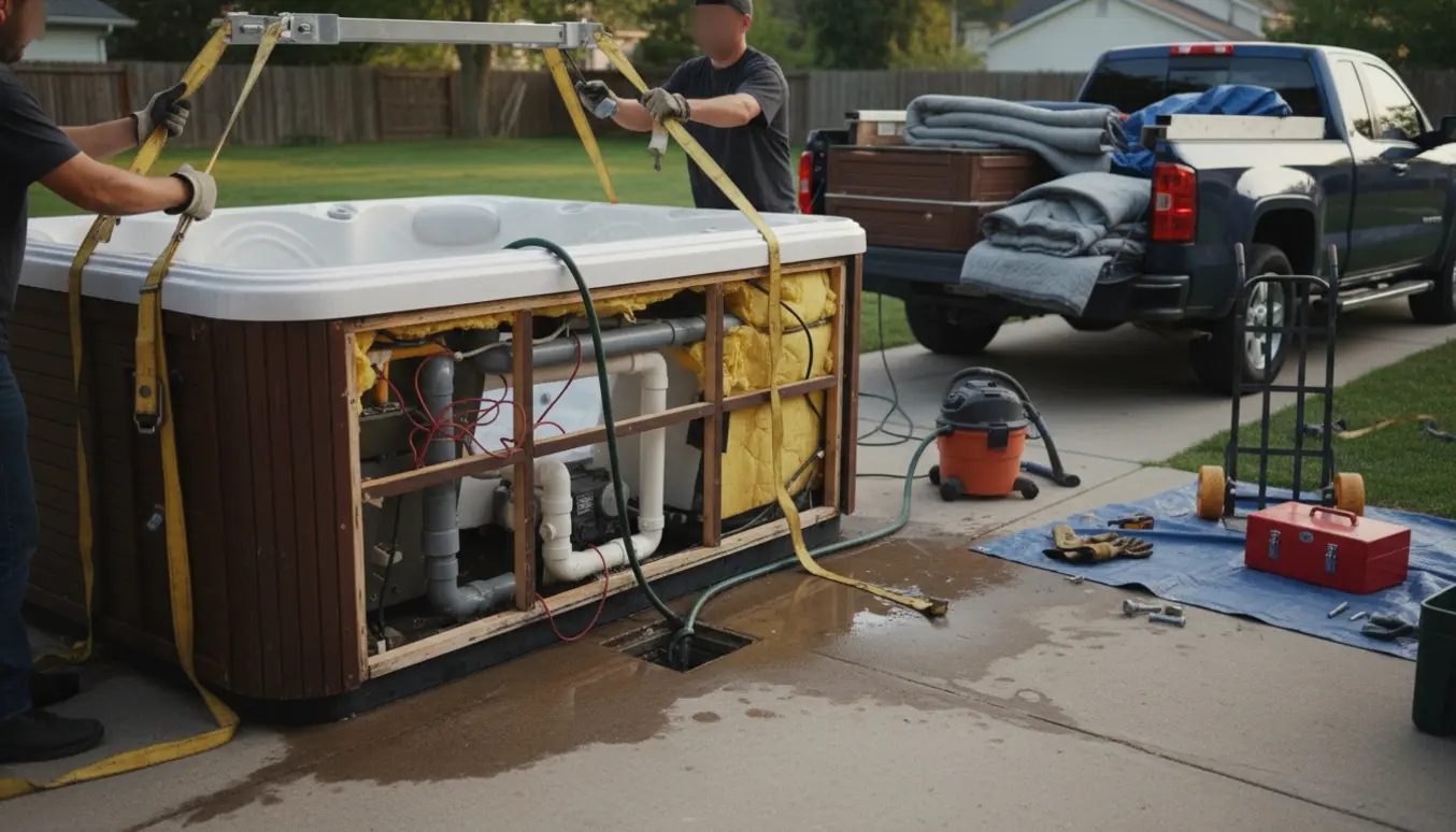 To arbejdere demonterer og læsser en spa på en trailer i en baghave.