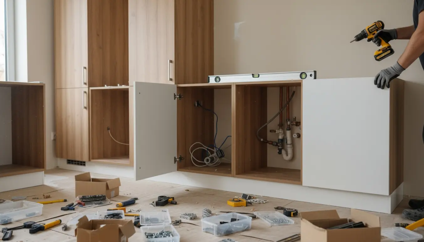 Håndværkerhænder monterer ti køkkemoduler, inklusiv tre højskabe, med værktøj og synlige rør og kabler i et moderne køkken.