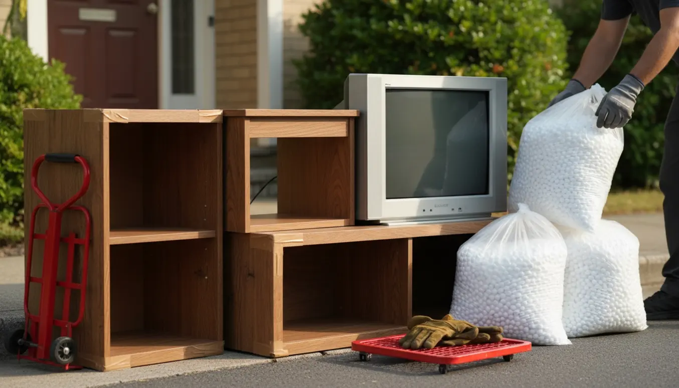 Storskrald samlet ved fortovet med møbler, et lille TV og tre poser med flamingo klar til afhentning.