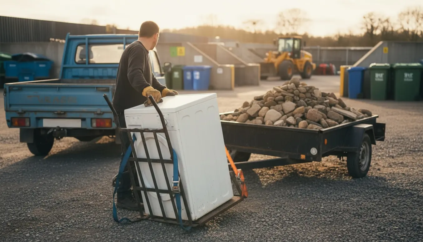 Vaskemaskine og trailer med sten ved en losseplads, en person sikrer lasten med remme.