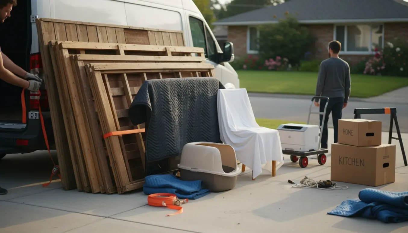 Delvist afmonteret skur og indpakkede ejendele – tv, stol, kattebakke, printer og to flyttekasser ved en åben varebil.