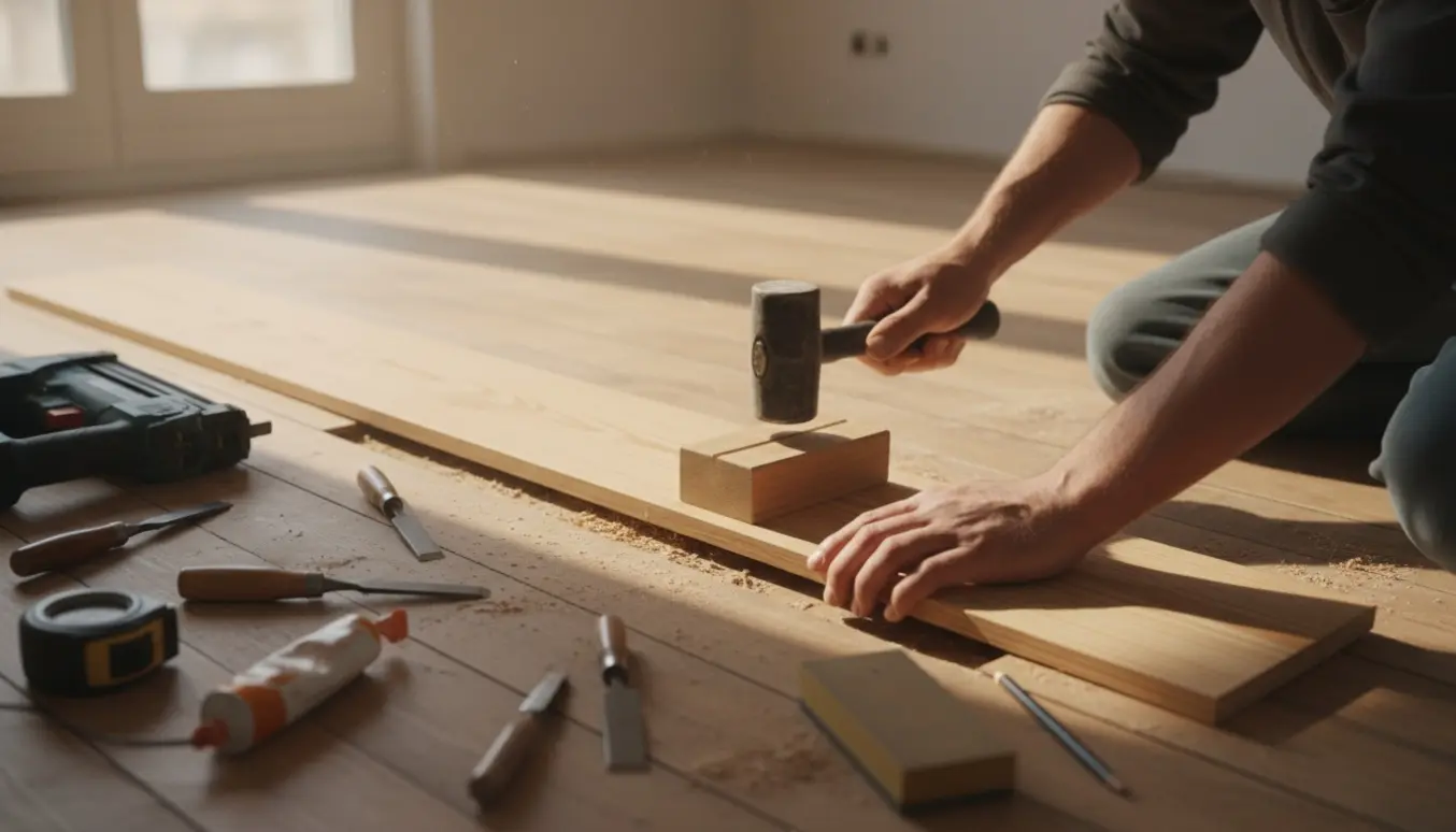 Reparation af et langt smalt stykke fyrretræsgulv efter fjernelse af en væg, med hænder der placerer en ny planke.