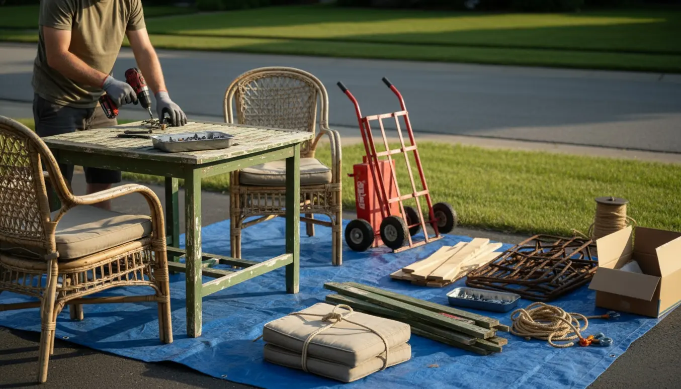 Gamle havemøbler bliver skilt ad og stablet i indkørslen klar til afhentning.