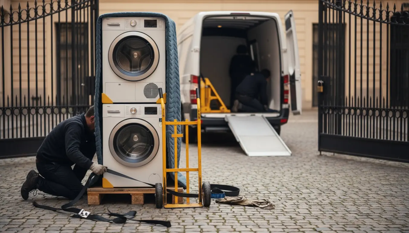 Stak af vaskemaskine og tørretumbler i en aflåst gård klar til afhentning med dolly og rampe.
