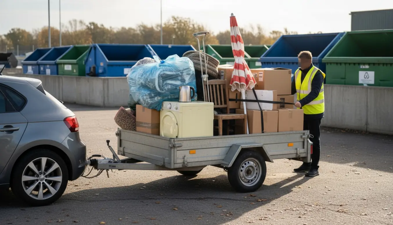 En lille åben trailer læsset med storskrald som dyne, parasol og tumbler ved en genbrugsplads.
