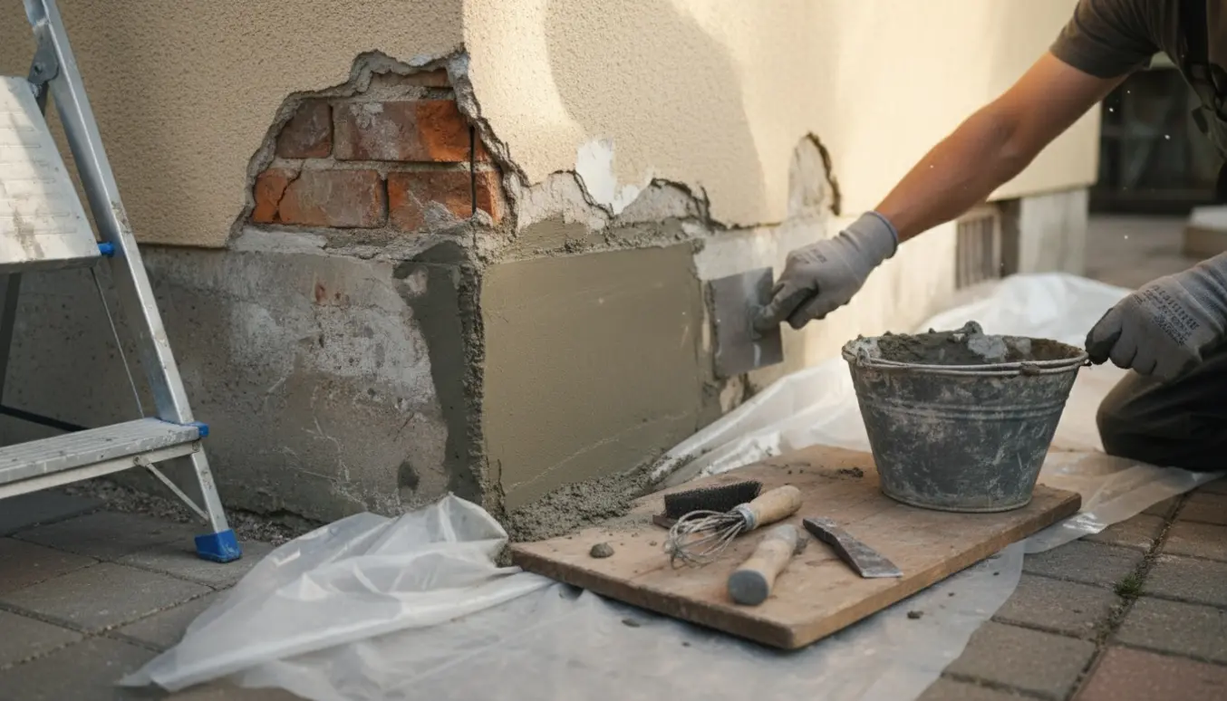 Nærbillede af hænder, der pudser og reparerer skader på husets sokkel med mørtel, med udhus i baggrunden.