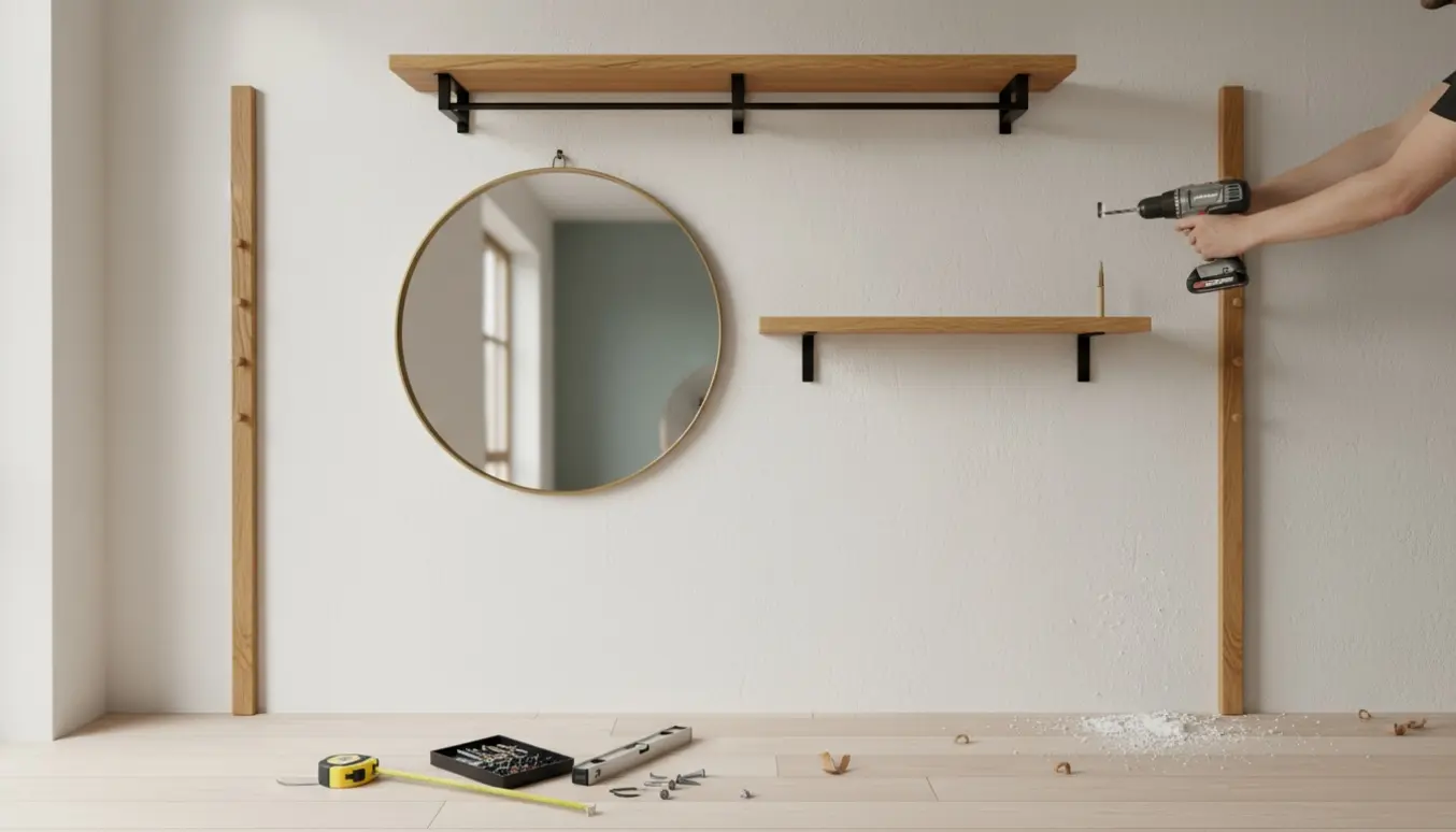 Nærbillede af hænder, der med boremaskine monterer hatthylle, lille reol og to knagerækker i en lys entré med skruer og rawlplugs på bordet.