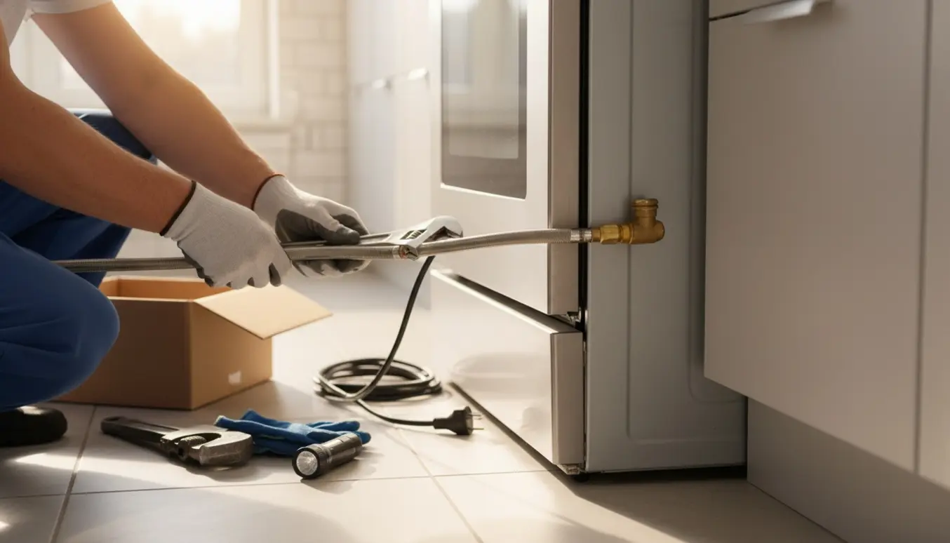 En tekniker trækker et gaskomfur frem og afkobler gastilslutningen med en skiftenøgle i et lyst, ryddeligt køkken.