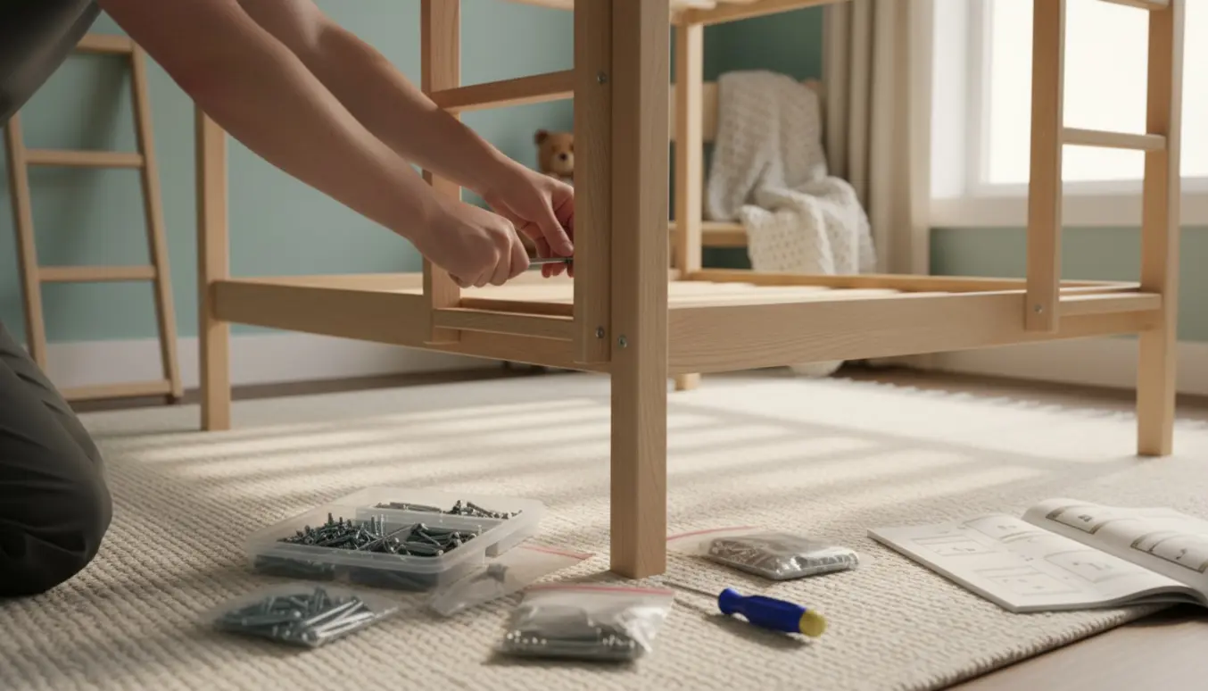 Nærbillede af hænder, der samler en køjeseng i et lyst børneværelse med værktøj og reservedele.