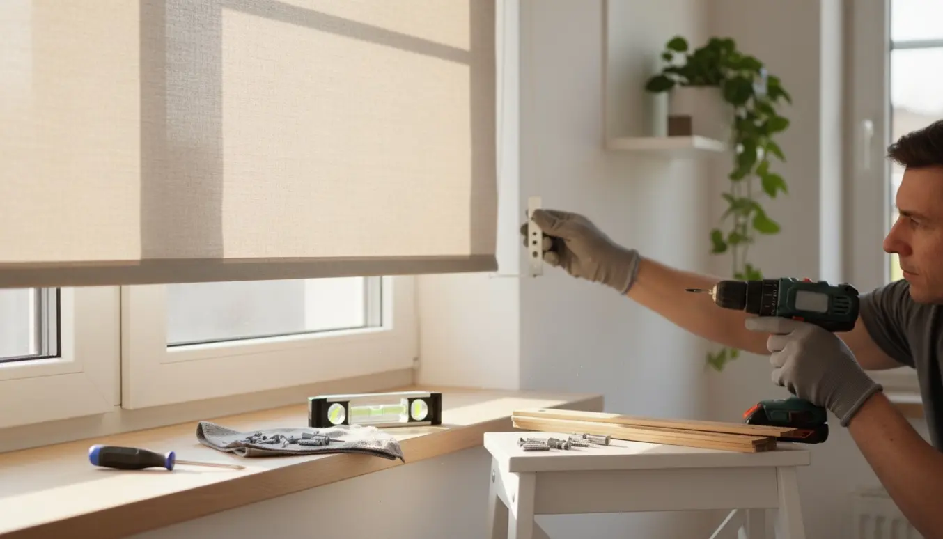 Nærbillede af hænder, der monterer et rullegardin i en lys, moderne stue.