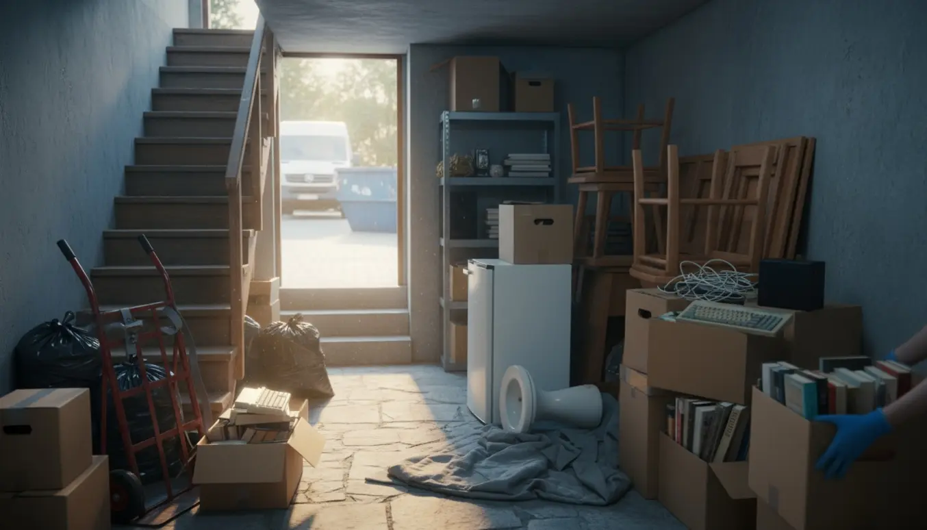 Et kælderrum tømmes: møbler, køleskab, toilet og kasser med bøger og elektronik klar til genbrug ved en åben trappe.