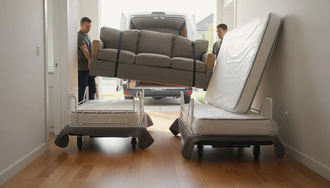 Flyttefolk bærer en indpakket sofa og madrasser gennem en lys entré med flyttebil i baggrunden.