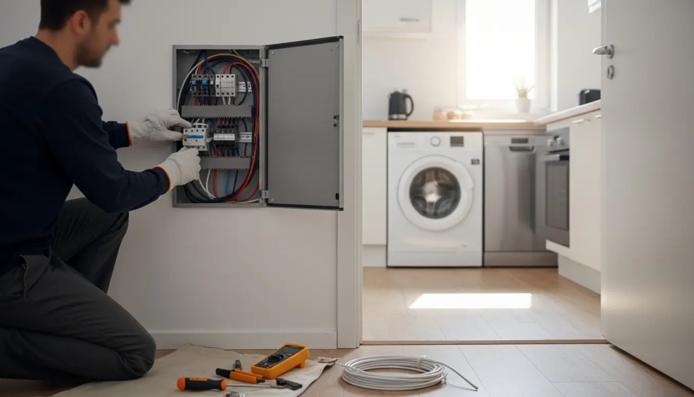 En elektriker monterer separat sikring i eltavlen i gangen med opvaskemaskine og vaskemaskine synlige i køkkenet.