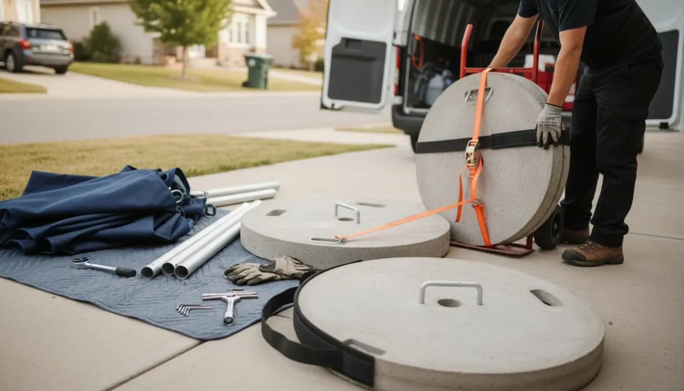 Delvis afmontering og bortskaffelse af en stor parasol med to tunge betonkontravægte på en indkørsel.