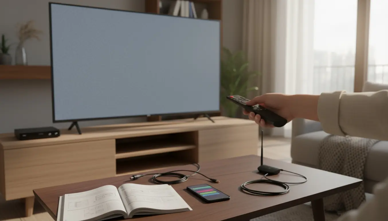 Hænder peger med en fjernbetjening mod en fladskærms-tv med en grå-blå signalflade, omgivet af manual, kabler og en set-top-boks.