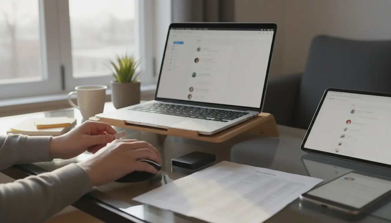 Hænder genopretter mailgrupper på en bærbar med tablet og mobil på et lyst skrivebord.