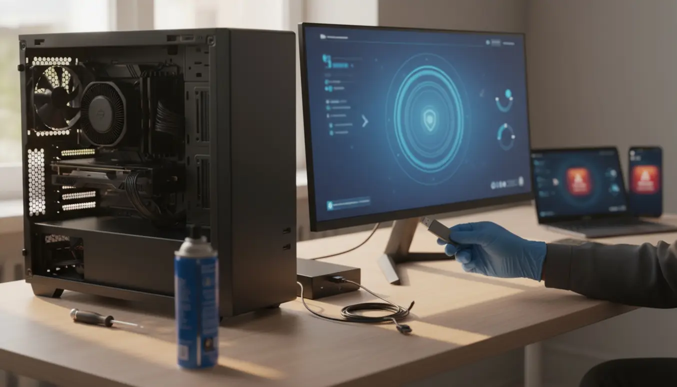 En tekniker sætter en USB-nøgle i en åben stationær Windows 11-computer mens en antivirusscanning vises sløret på skærmen.