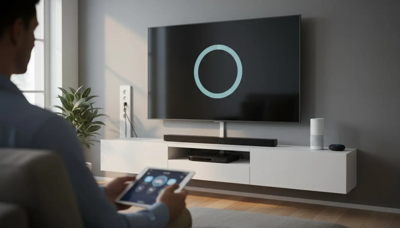 Et vægmonteret 65" TV med soundbar, DVD og smart højttalere mens en tekniker justerer indstillinger.