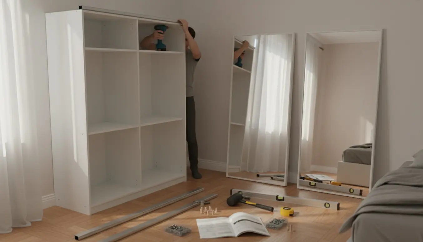 Delvist samlet hvidt garderobeskab med to spejldøre og værktøj på gulvet i et lyst soveværelse.