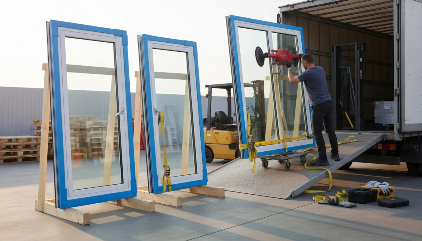 To store termoruder læsses på en lastbil ved en omlastningsrampe med sugekopper og polstring.