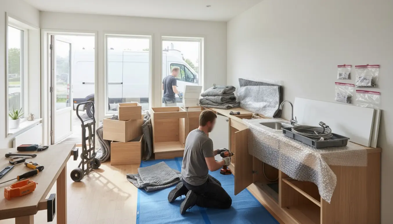 Demontering af et lille L-formet køkken med pakkede skabe, flyttematerialer og håndværkere uden synlige ansigter.