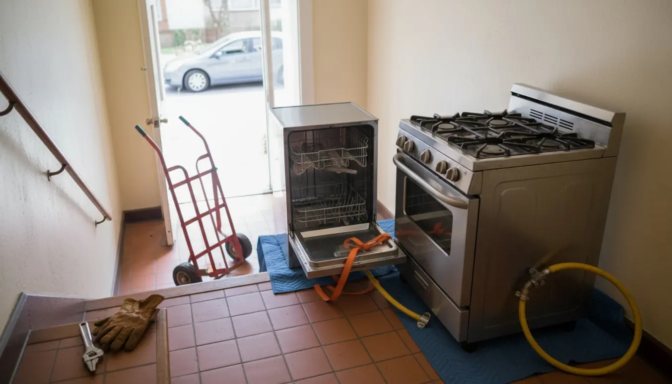Afmonteret halv opvaskemaskine og gaskomfur på trappeopgang ved indgang klar til afhentning.