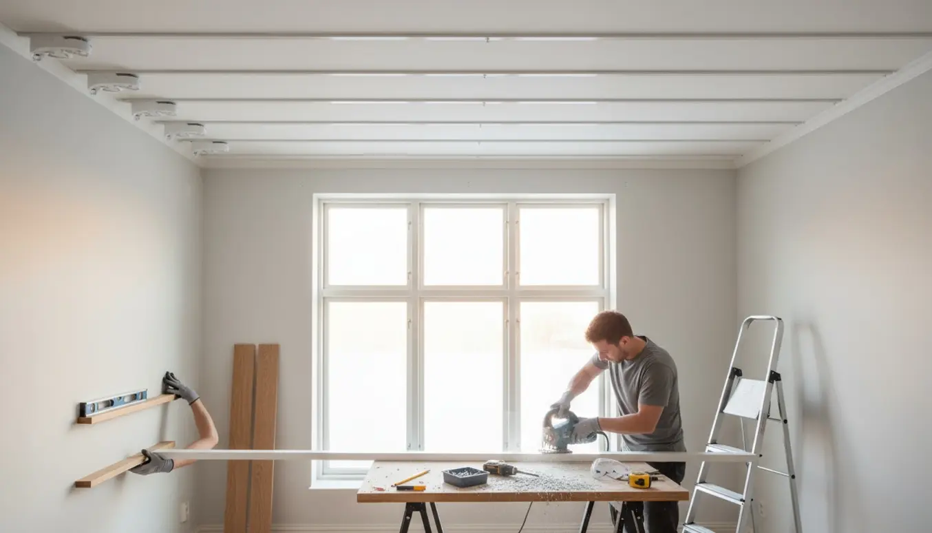 Montage af fem gardinskinner ved et vindue, hvor en skinne saves til, og to billedhylder forberedes til opsætning.