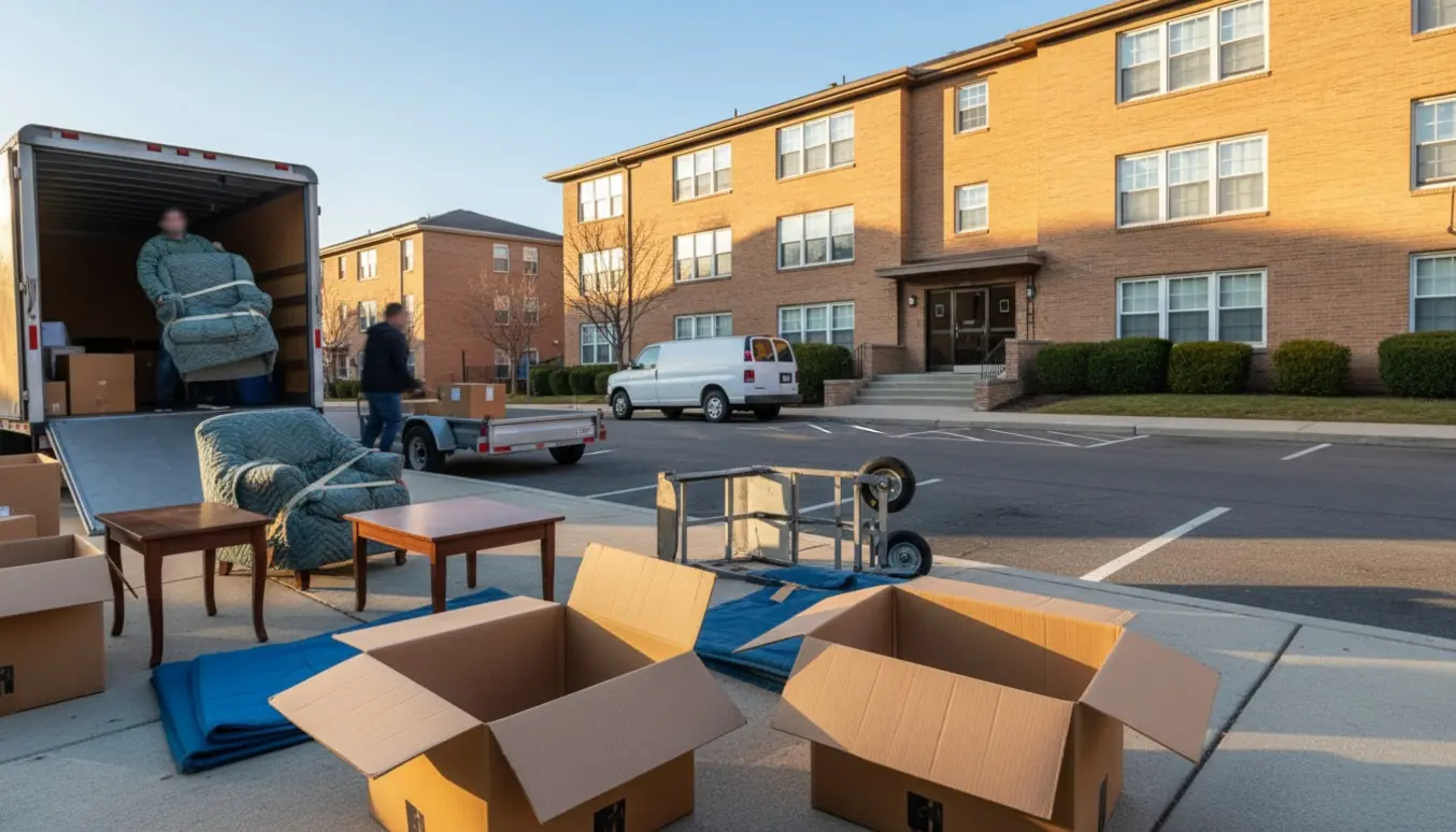 To personer bærer indpakkede møbler og flyttekasser fra en åben flyttetrailer op ad trappen til 1. sal.