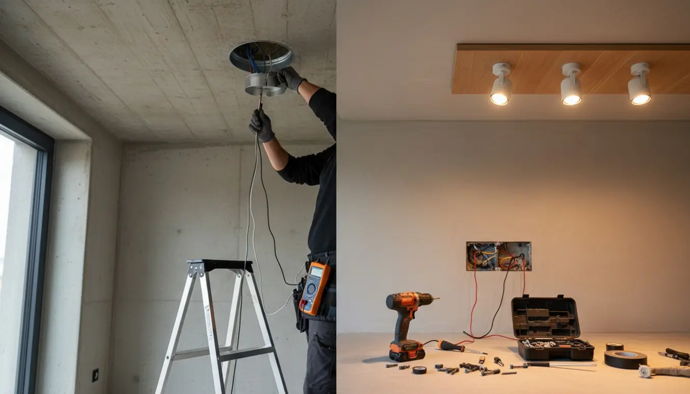 Elektriker monterer og tilslutter to loftslamper ved en betonplade og et træpanel med tre spots.