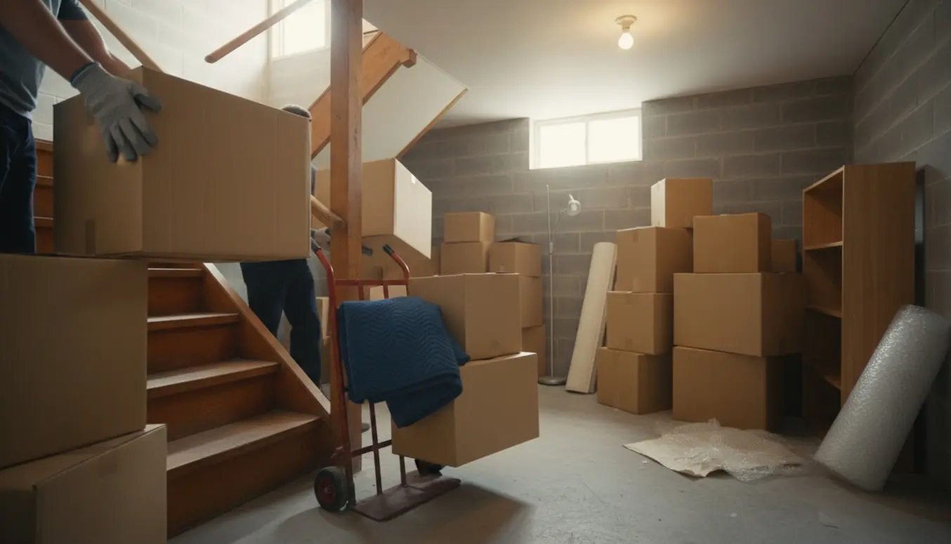 Hænder bærer flyttekasser ned ad en trappe mod et kælderrum fyldt med stabler af kasser og flytteudstyr.