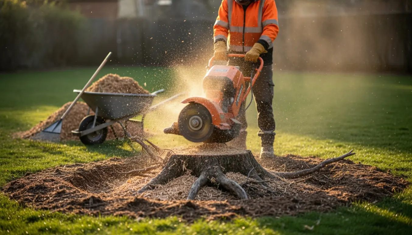 En anlægsgartner fræser en træstub og øvre rodnet i en have, mens flis flyver.