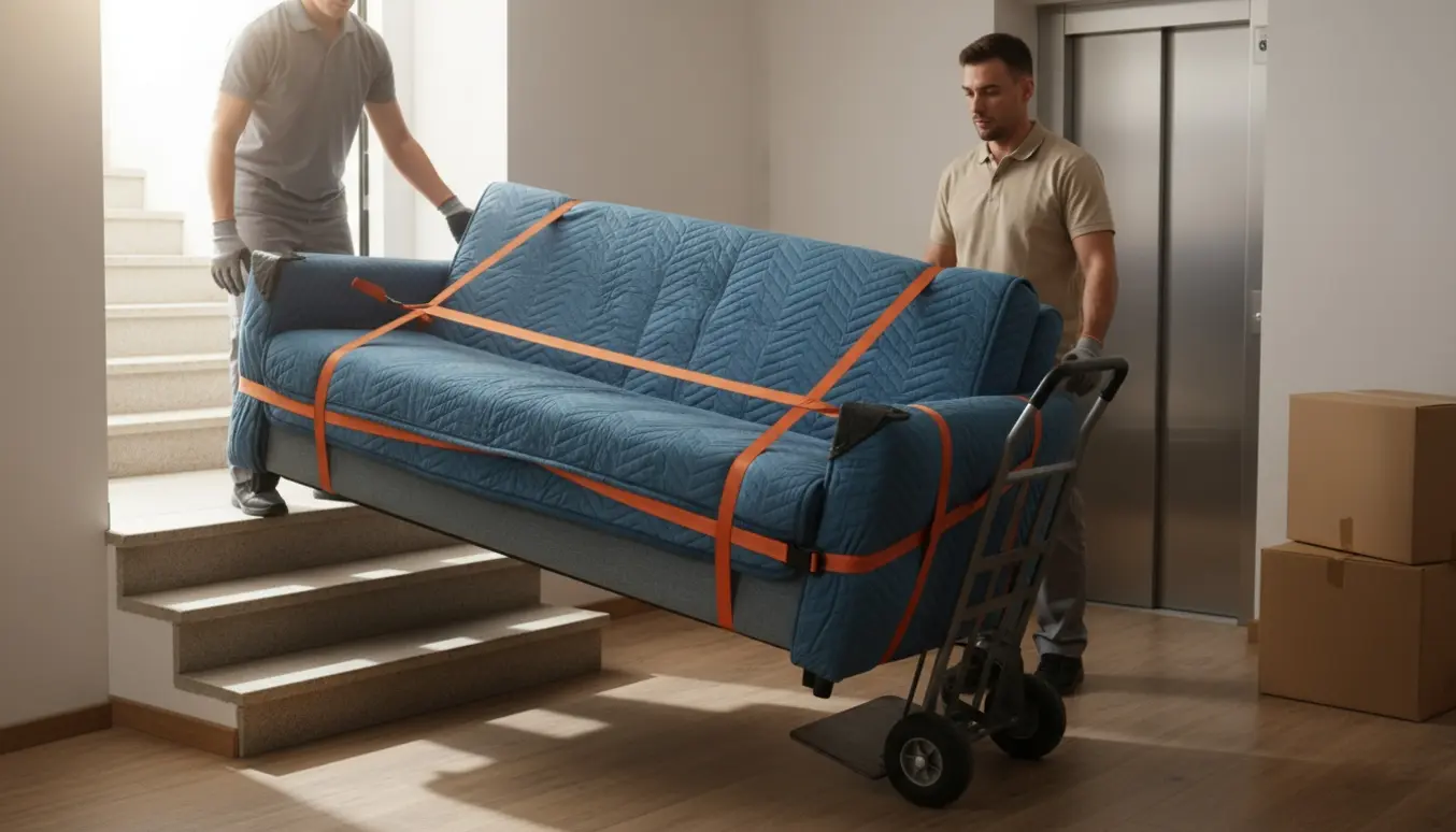 To flyttemænd bærer en kompakt sovesofa ind i elevatoren, pakket i beskyttelsestæpper og sikret med stropper.