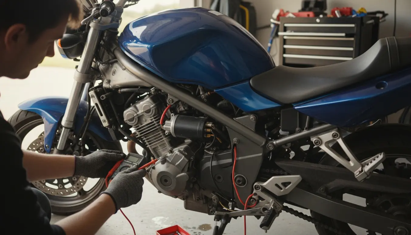 En mekaniker arbejder på en Hyosung GT650 med åben sidepanel og multimeter på batteriet.