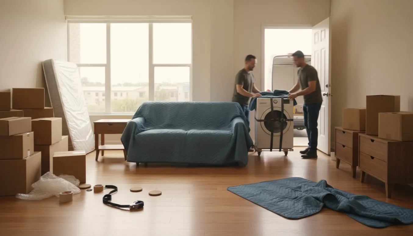 Flyttefolk fører en indpakket sofa og en vaskemaskine på en dolly gennem en lys lejlighed mod en åben flyttebil.