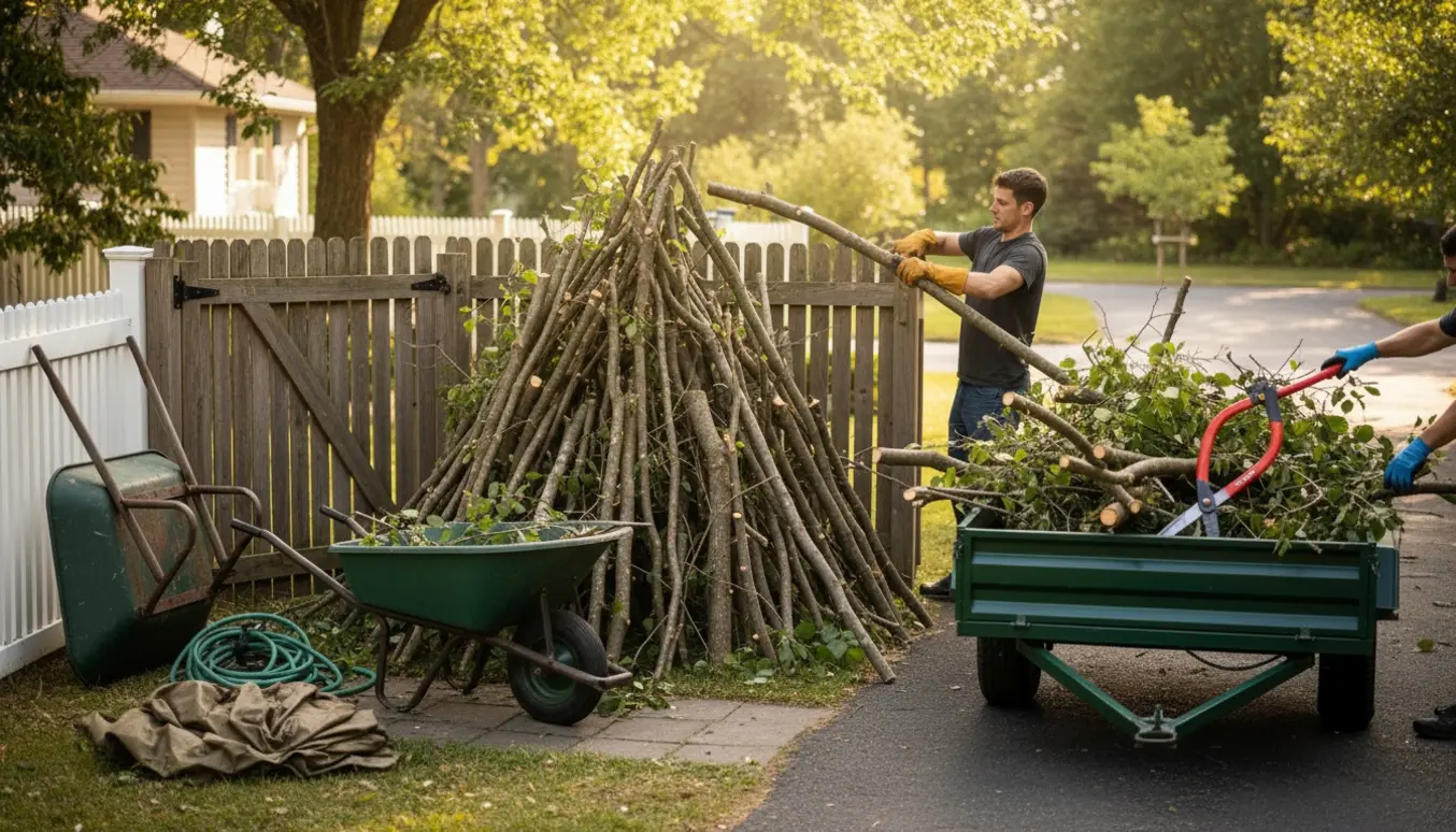 Personer læsser afklippede grene på en trailer ved en åben havelåge.