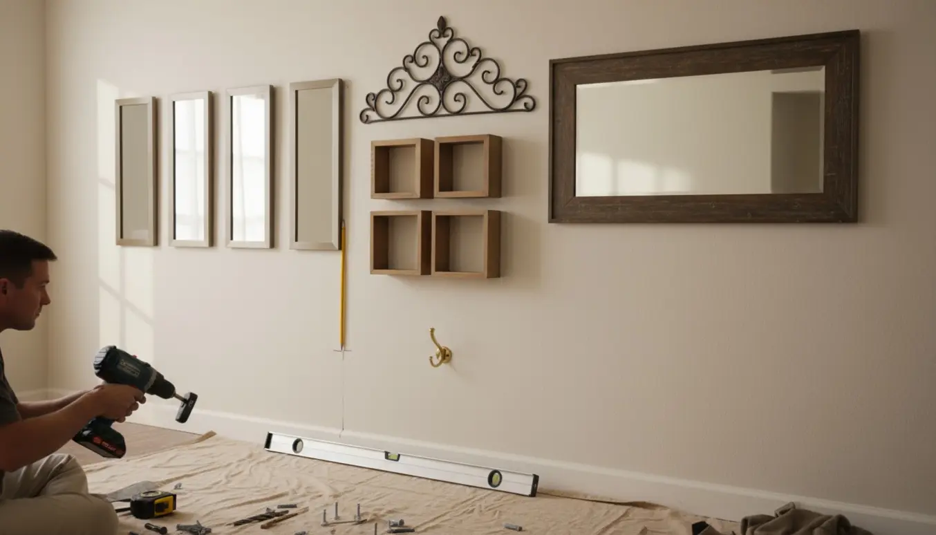 Væg med fem smalle spejle side om side, et stort spejl, jernkunst, fire vægkasser, en krog og værktøj til ophængning.