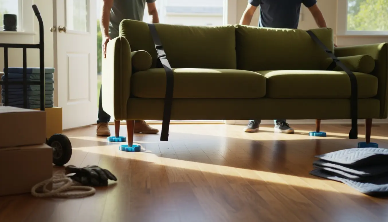 To personer flytter en tung sofa indendørs i et lyst hjem med flyttetæpper, dolly og løftestropper.