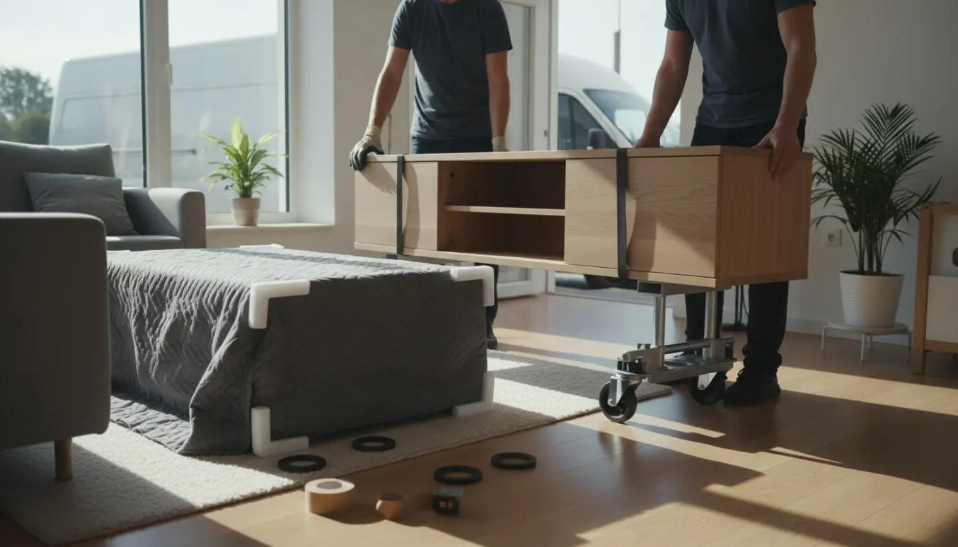 Flyttefolk løfter et lavt tv-bord på en dolly, mens et sofabord pakket i flyttetæpper venter ved døren i en lys stue.
