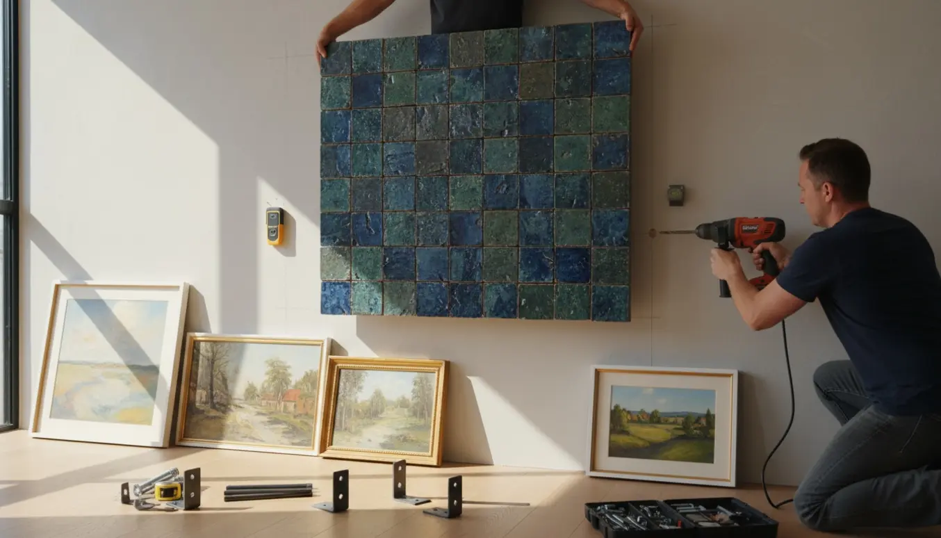 To personer monterer en stor flisebeslået ramme og flere malerier på en væg med boremaskine og beslag.