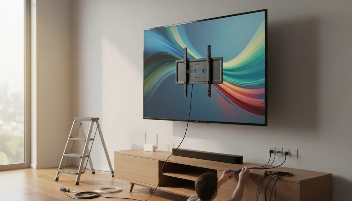 Nyt vægmonteret tv tilsluttes og indstilles, en hånd fører et HDMI-kabel ind bag skærmen.