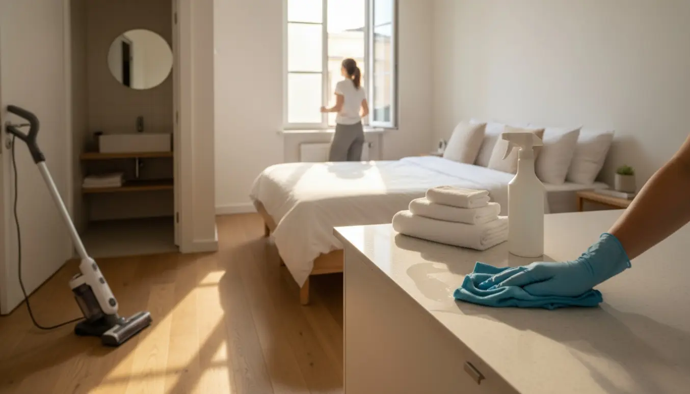 Handsker aftørrer bord i en lys, nyredt Airbnb-lignende lejlighed med redt seng og foldede håndklæder.
