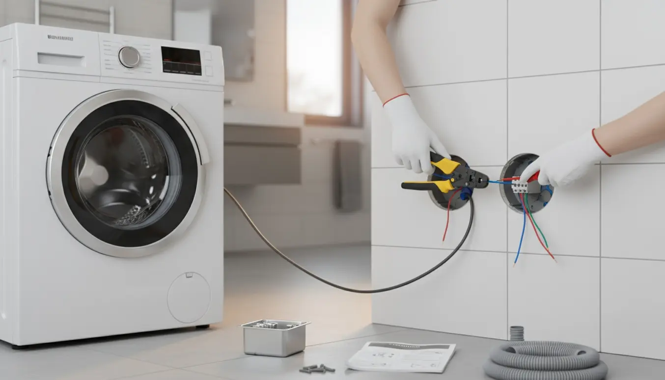 Handskeklædte hænder tilslutter vaskemaskinens ledning gennem et hul i badeværelsesvæggen.