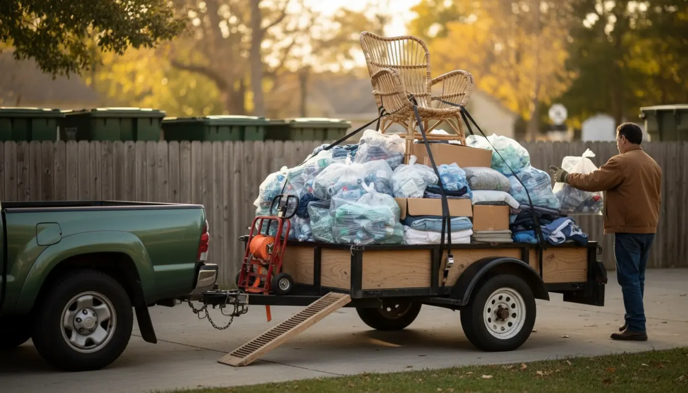 Trailer fyldt med sorterede sække med plast, pap og tøj og en kurvestol klar til aflevering.