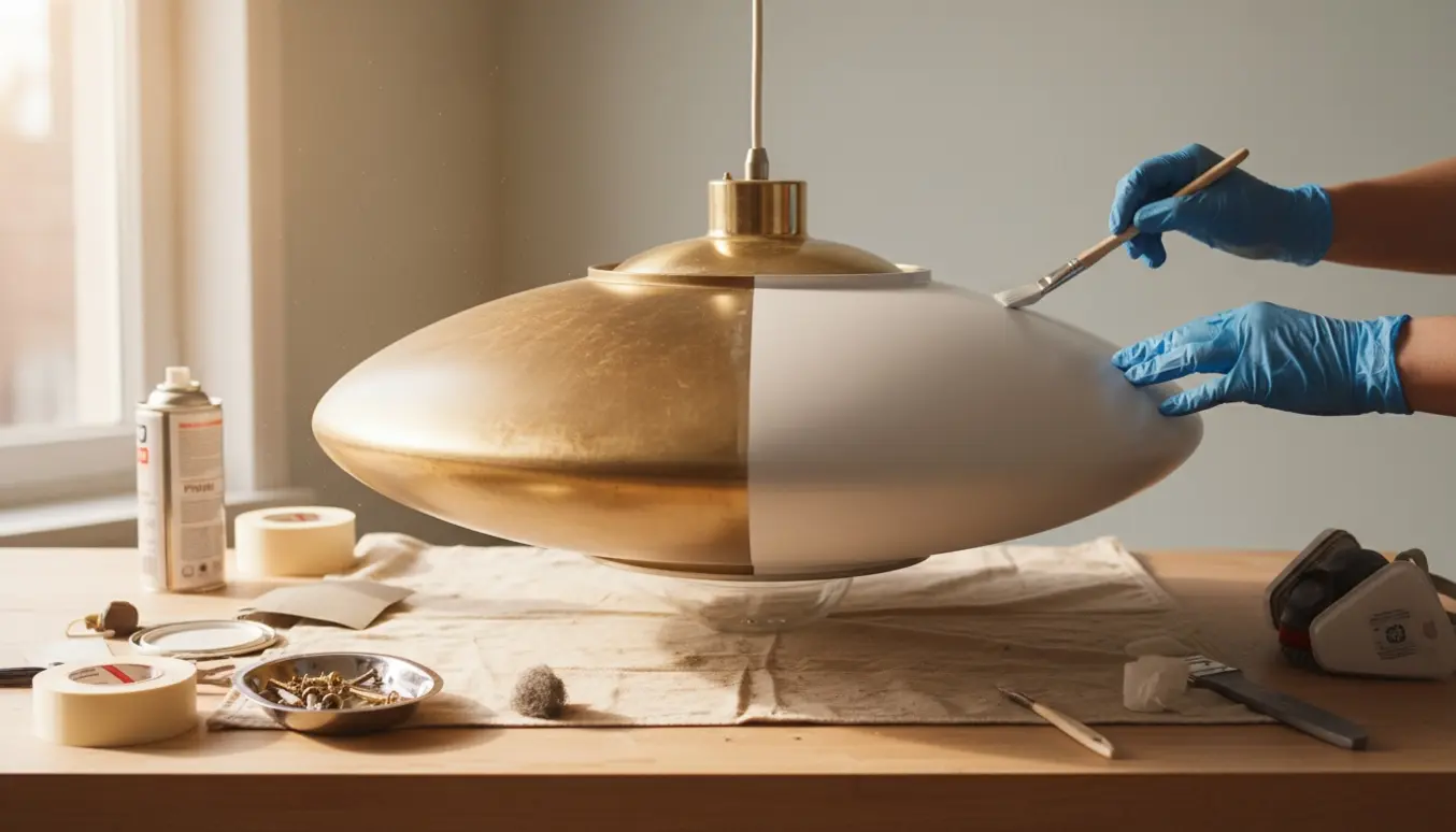 Nærbillede af hænder, der restaurerer en gulnet vintage lampe ved at slibe og male den hvid på et lyst arbejdsbord.