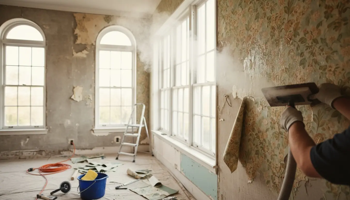 Fjernelse af tapet med tapetdamper på to lange vægge med flere vinduer.