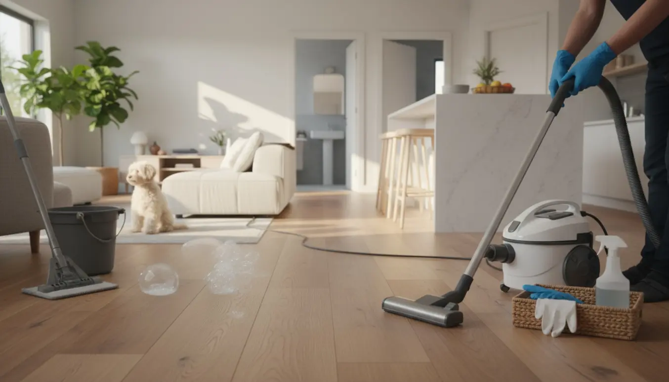 Renholder støvsuger og moppe et lyst, moderne étplans hjem med en lille hund ved siden af.