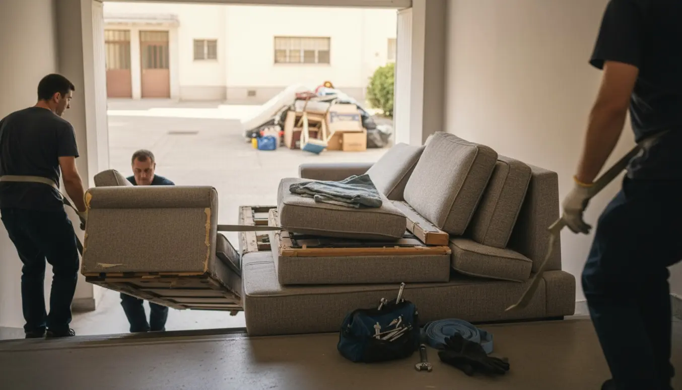 To personer bærer dele af en adskilt sovesofa ned ad en bred trappe mod gården med værktøj og hynder stablet på reposen.