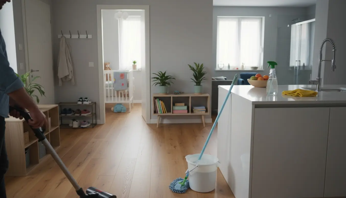 Hænder støvsuger et lyst køkken-alrum i et 92 m² rækkehus med moppespand og et skinnende badeværelse i baggrunden.